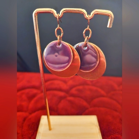 Jewelry - 📣 Copper Double Round Disk Mauve Enamel Dangle Earrings😍